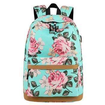 

Women Backpack Soft Fashion Canvas Outdoor Floral Printed Computer School Girls Travel Book USB Charging Port Multifunctional