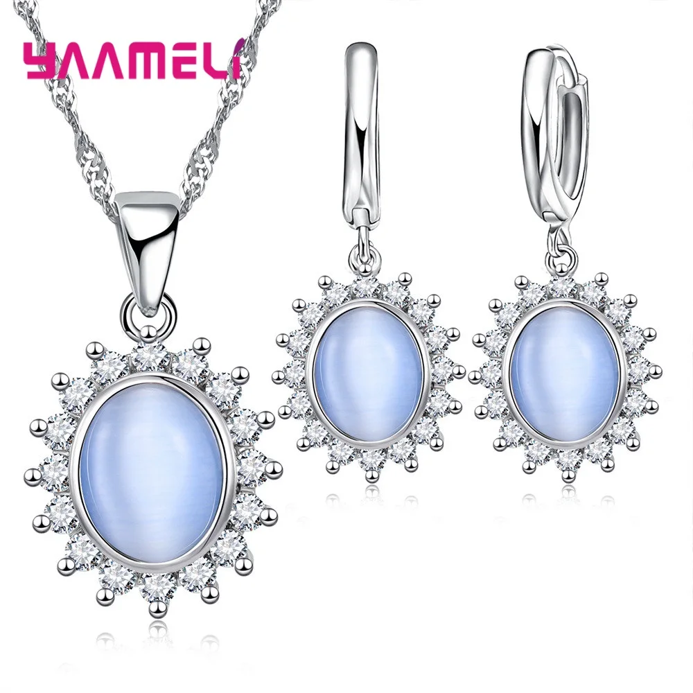 Summer Sale 925 Sterling Silver Oval Cat's Eye Opal Gemtone Necklace Earrings Jewelry Sets Brilliant Cubic Zircon Flower Pendant 