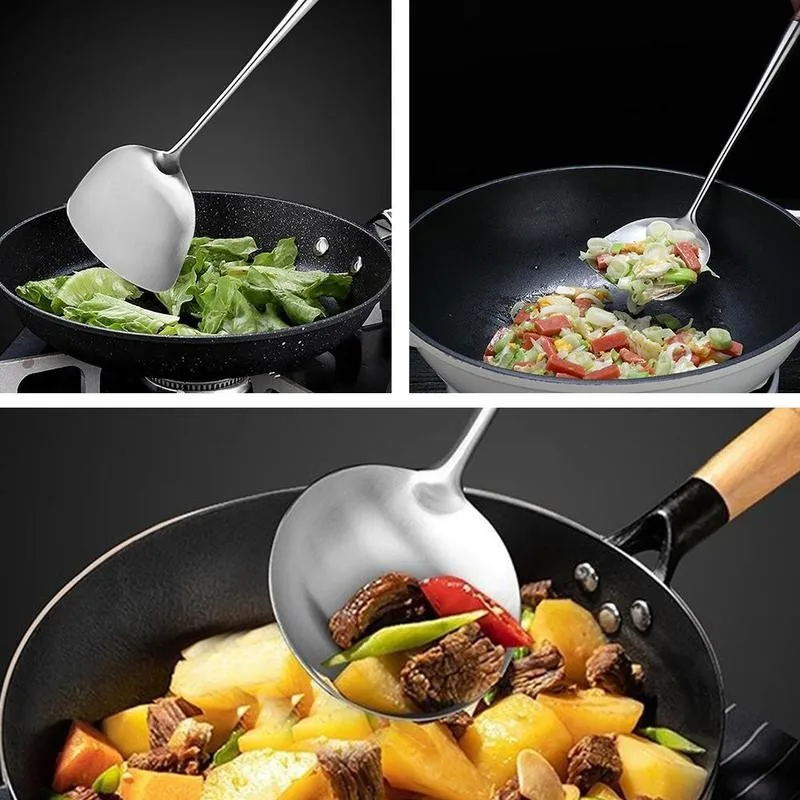 Steel Kitchen Wok Spatula Spoon Chinese Cooking Tool Wooden Handle