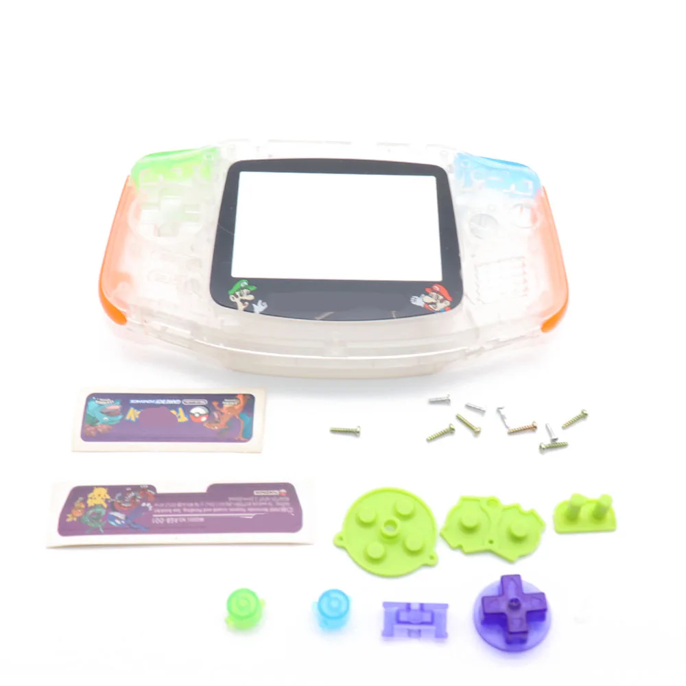 Полный набор корпуса с цветными резиновыми накладками и кнопками для экрана, винты для наклеек на объектив для игры, Игровая приставка GBA