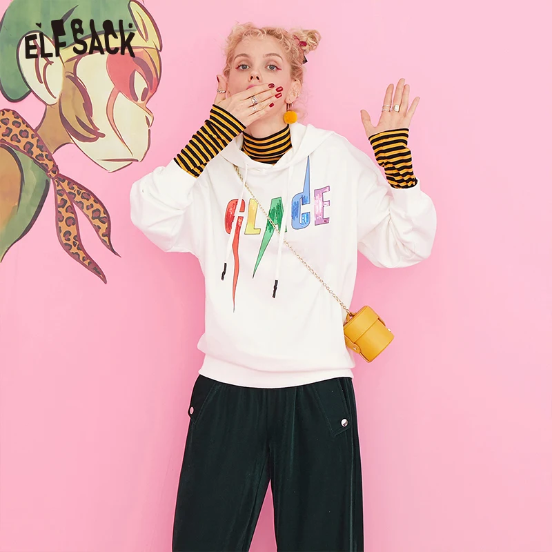 

ELF SACK Letter Print Casual Hoodies Sweatshirt Women Tops 2019 Autumn White Streetwear Basic Oversized Womens Clothing