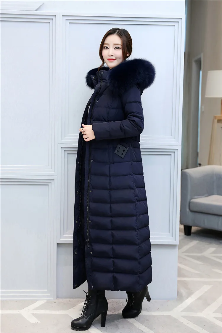 S- 3XL plus size Winter over the knee X-long 95% Duck down coat female thick warm Down Jacket real fox fur Parkas fit-30c F449