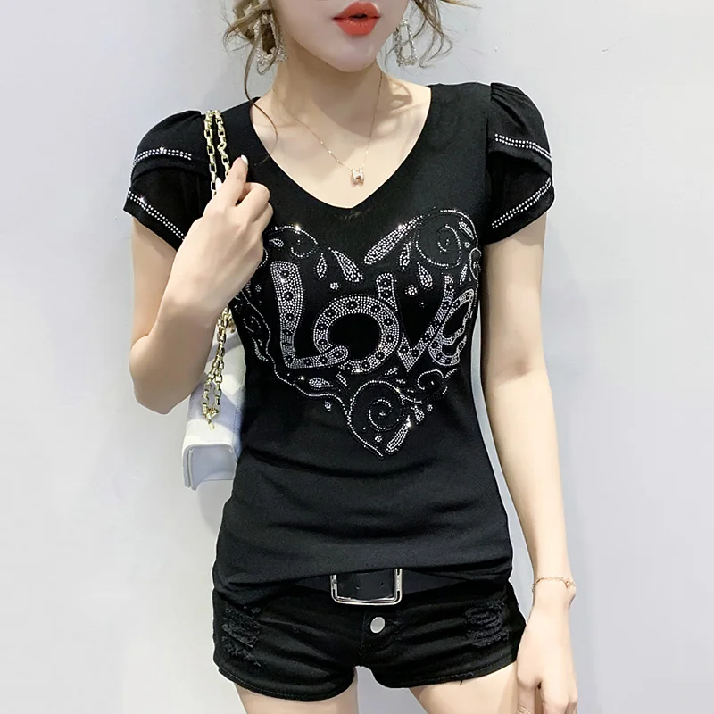 #7141 Spliced Mesh Backless Sexy Short Sleeve T Shirt Women V-Neck Womens Tshirt With Diamonds Basic T-shirt Femme Black Blue