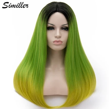 

Similler Silky Straight Hair Ombre Synthetic Wigs for Women Central Part Black Root Green 3 Tones Long Cosplay Wig