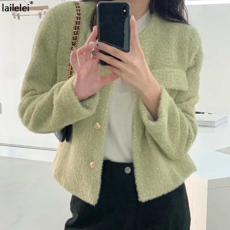 Love Button Cropped Jacket Long Sleeve Winter Wool Coat Women Harajuku Pink Korean White Green Fall 2021 Warm Veste Femme Jassen | Женская