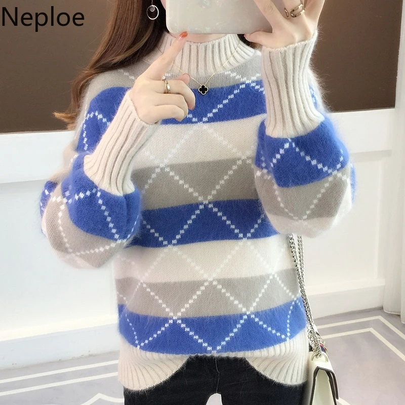 Neploe, корейский осенне-зимний вязаный свитер свободного кроя с воротником под горло, пуловер в полоску, свитера, одежда Loveley 45511