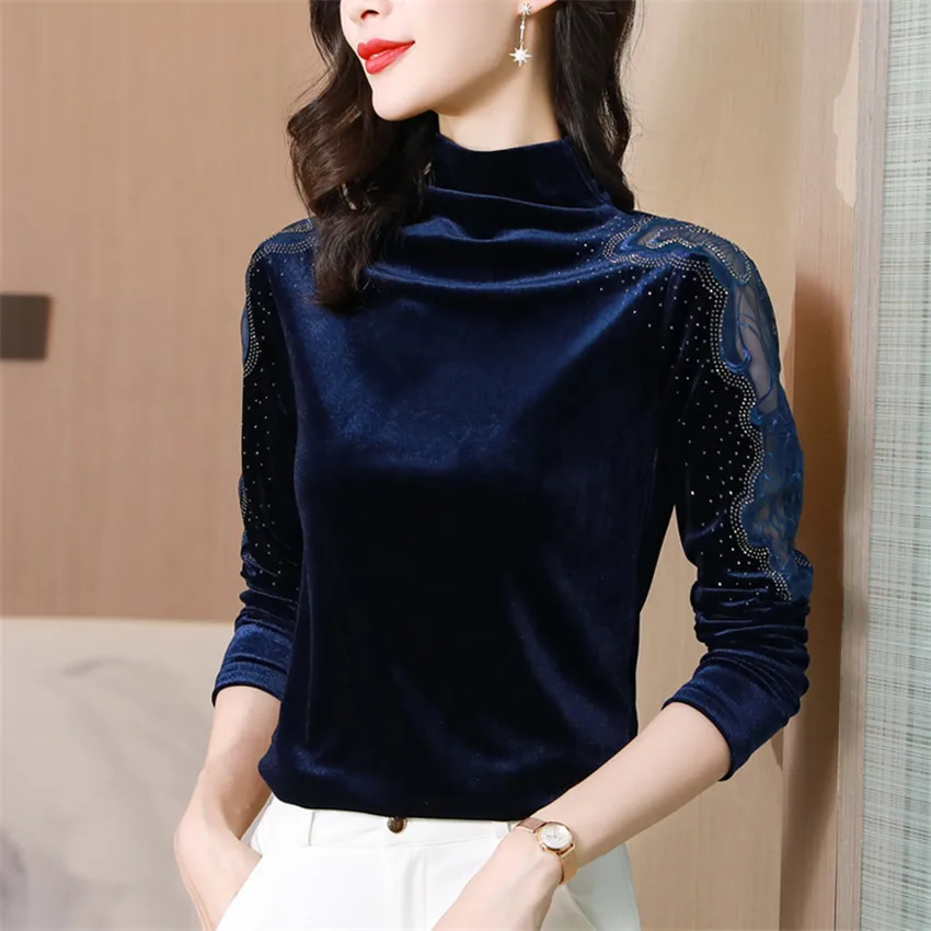 

Autumn Winter Turtleneck Pullover Undershirt Tops Fashion Diamond Velvet Blouse Women Long Sleeve Vintage Blouse Blusa Feminina