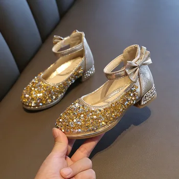 

Princess Kids Leather Shoes 2020 New Girls Bow Casual Glitter Shoes Children High Heel Girls Shoes Size 26-36 B664