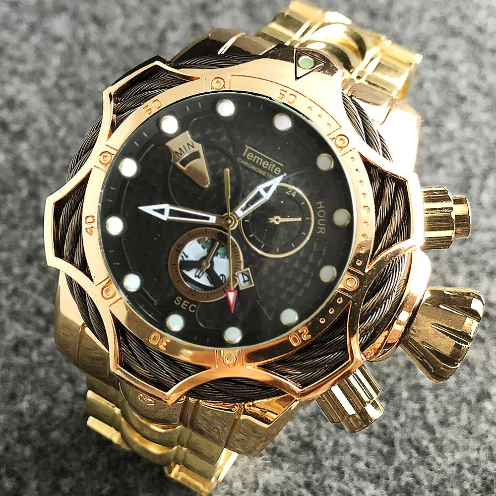Temeite мужской роскошный бренд часов дизайн золотые водонепроницаемые кварцевые часы мужские полностью стальные большие часы наручные часы Relogio Masculino