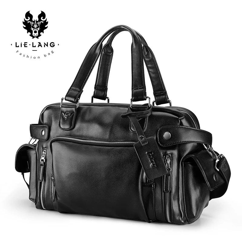 Lielang Men's Black Handbag Travel Bag Waterproof Leather Large
