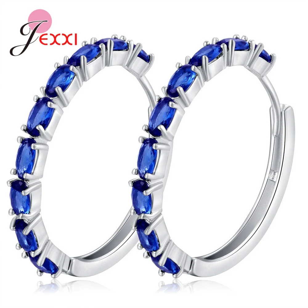 BLUE Женские серьги-кольца с кристаллами, 925 пробы, серебряные круглые серьги-кольца, серьги со стразами бижутерия, серьги - Окраска металла: BLUE