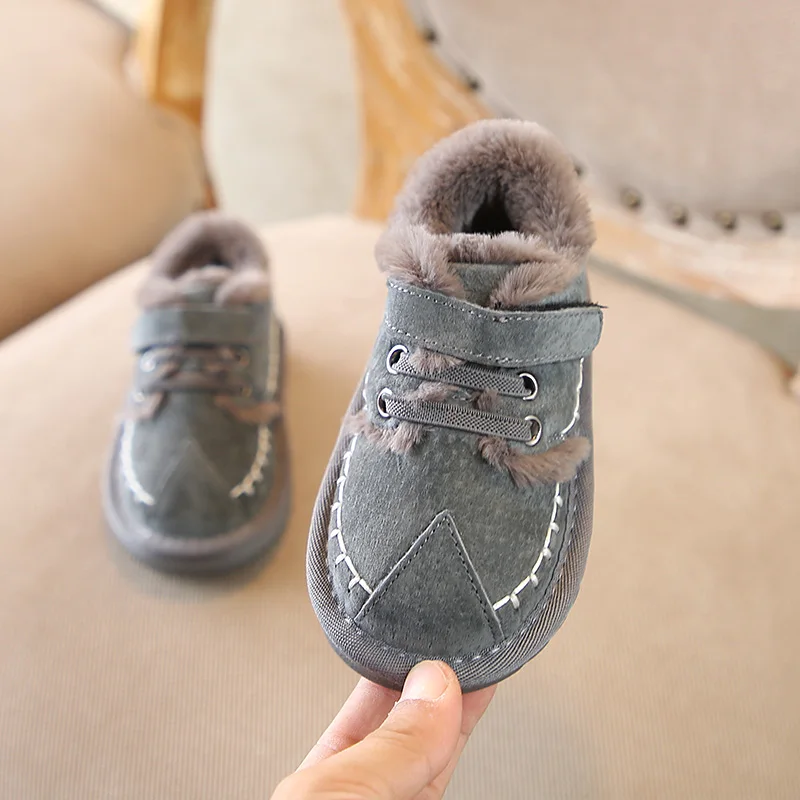Детские модные зимние ботинки из натуральной кожи г. Новая стильная зимняя теплая обувь в британском стиле для мальчиков и девочек 1-2-8 лет - Цвет: Серый