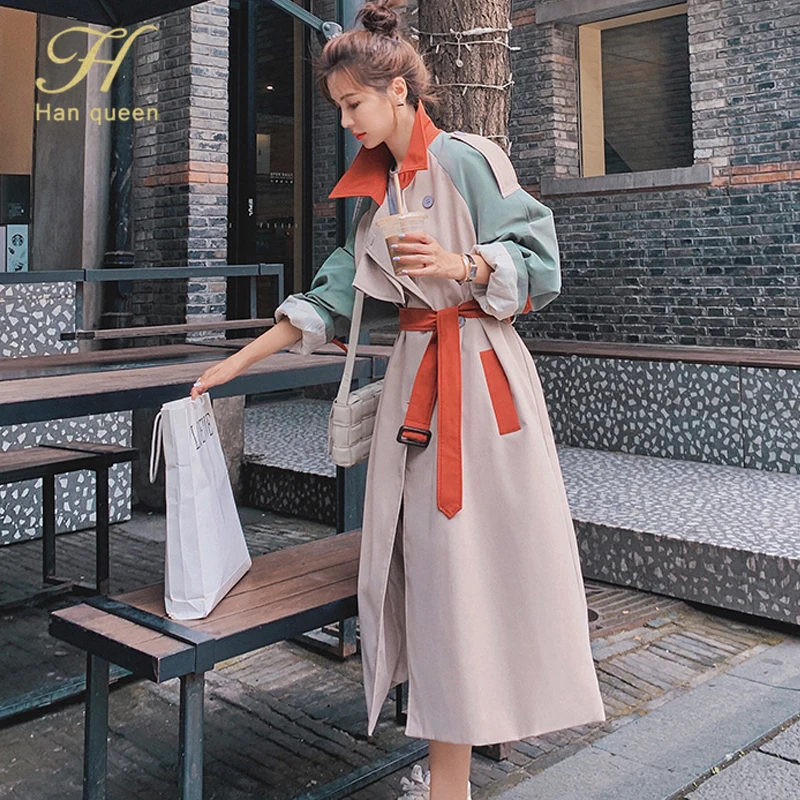 H Han Queen Colorblock Brand Fashion Autumn Casual Double breasted Simple Classic Long Trench coat with belt Chic windbreaker
