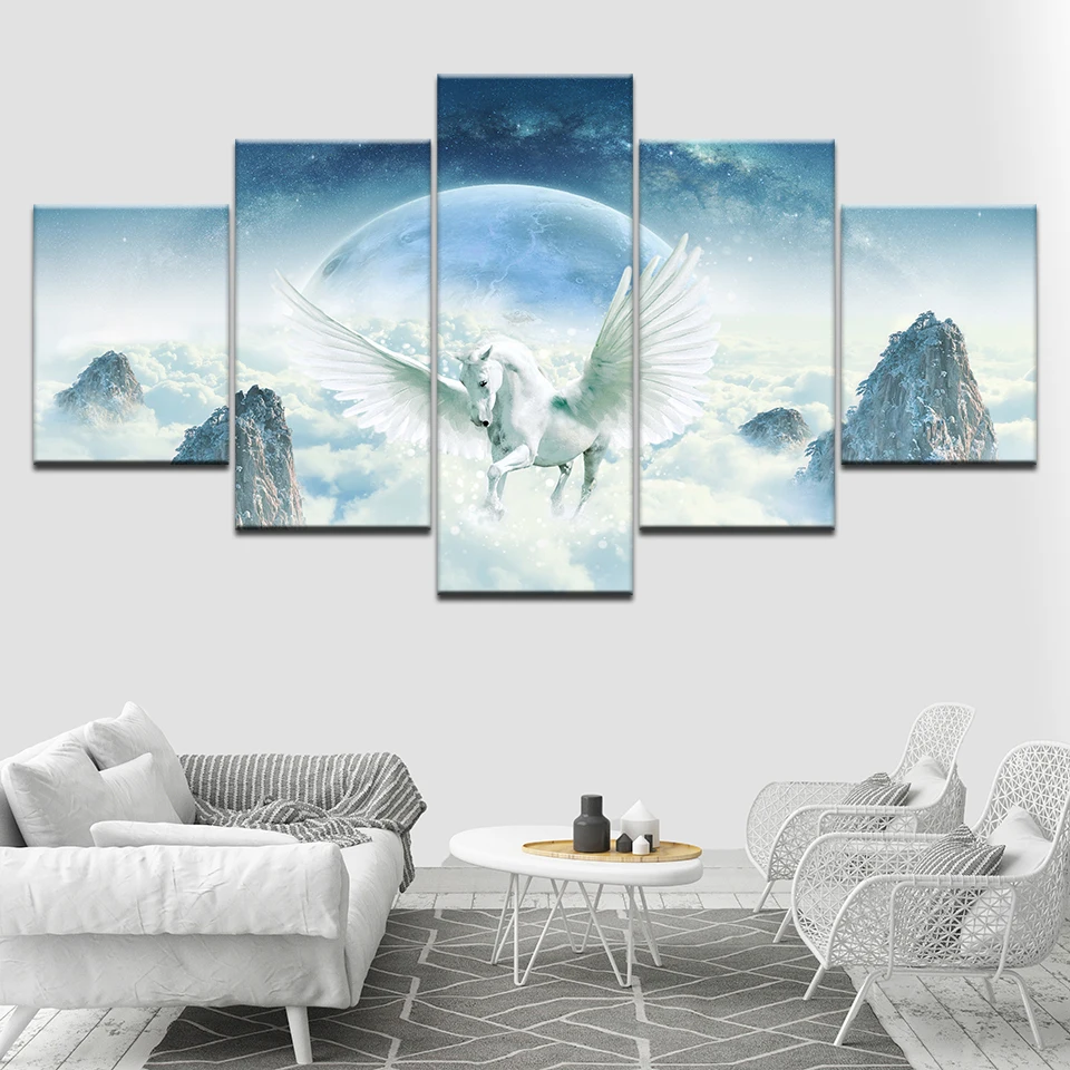 

Canvas Modular Poster HD Print Decor Wall 5 Pieces Animal White Horse And Wings Wonderland Scenery Painting Art Frame Pictures