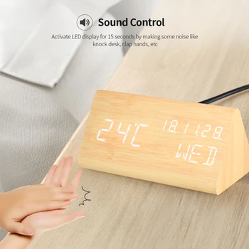 

Hot Wooden Table Clock LED Digital Alarm Clock USB/Battery Powered Dimmer Thermometer Table Desktop Clock with Sound Control