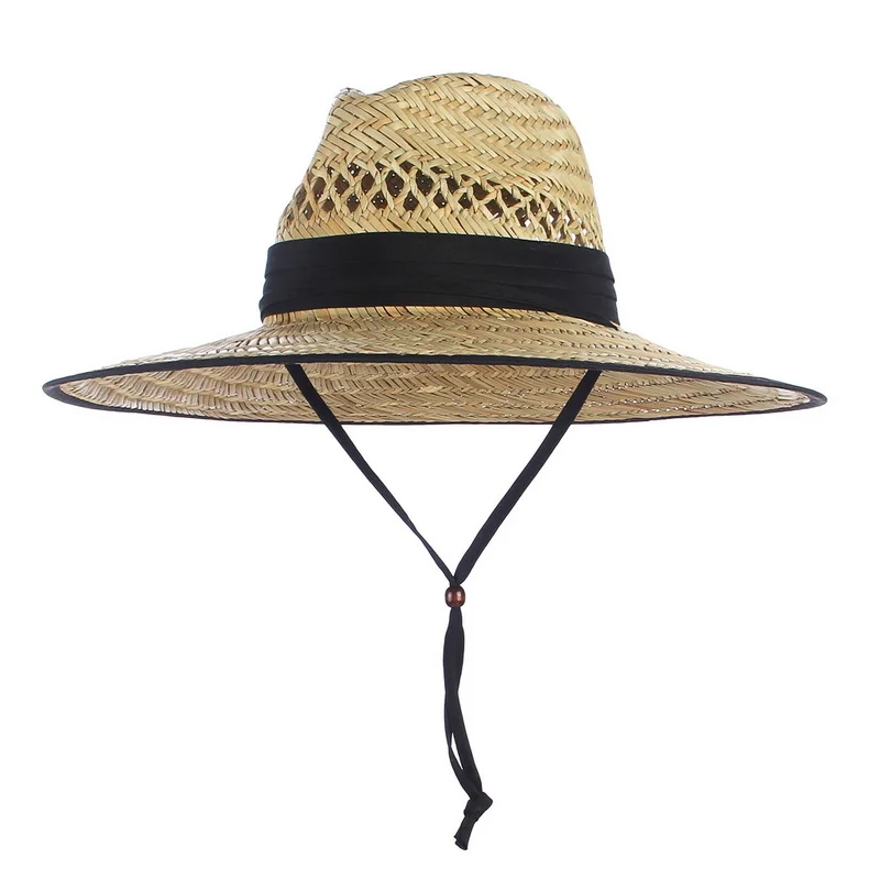 Handwork Women Men Lifeguard Hat Straw Cowboy Summer Beach Sun Hat Black  Red Ribbon Outdoor Wide Brim Panama Hat Cowgirl Caps