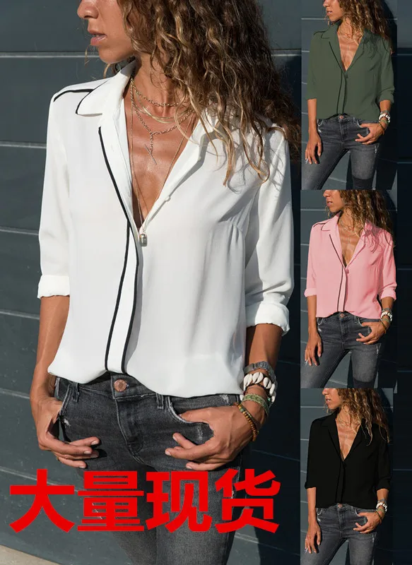 

1287 # Hot Selling New Style Fold-down Collar Long Sleeve Slim Fit Chiffon Shirt Women's