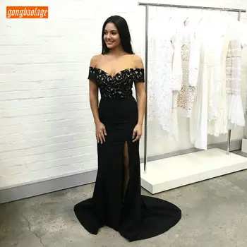 

Fashion Black Mermaid Evening Gowns Long Off Shoulder Lace Applique Women Evening Dresses Elastic Satin Side Split Formal Dress