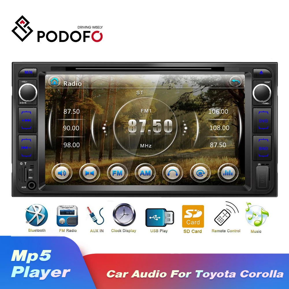 Podofo 2 Din 7'' Touch Screen Car Stereo Radio Multimedia Video Player 2din FM Bluetooth DVD For Toyota Corolla | Автомобили и