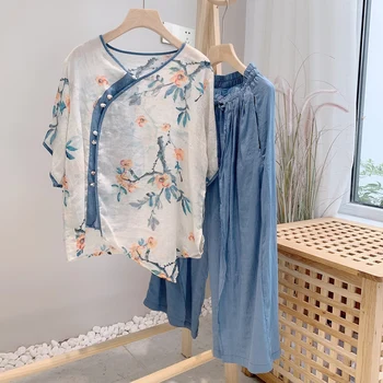 

2020 summer new art ramie women's vintage style contrast color splicing diagonal small floral ramie Shirt Top