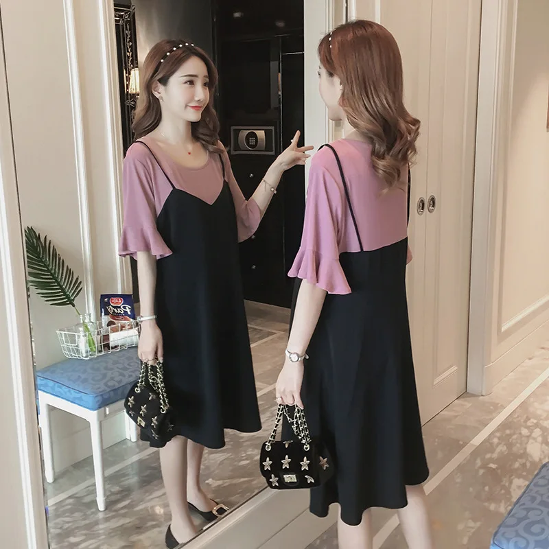 

2019 Fake Two-Piece Maternity Dress Summer Wear Loose-Fit Bell Sleeve Contrast Color Joint Slimming Pregnant Women Dress Crew Ne