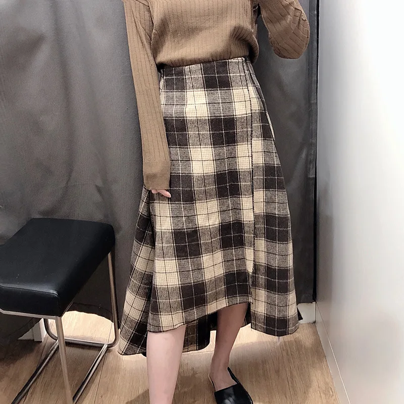 Vintage Women Midi Skirt Bohemian Autumn Irregular Female High Waist Casual Streetwear Ladies Skirt Plaid Moda Mujer Elegant