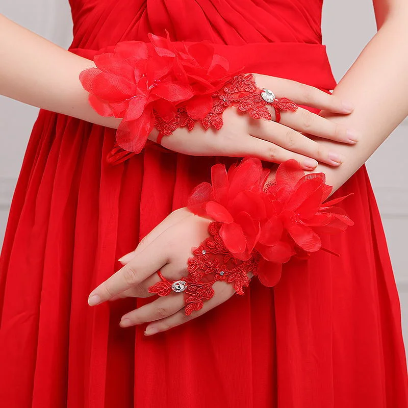 Fashion Flower Princess Girl Gloves Fingerless Wedding Gloves Lace Beaded Short Design For Bridal Wedding Accessories lace gloves wedding dress gloves