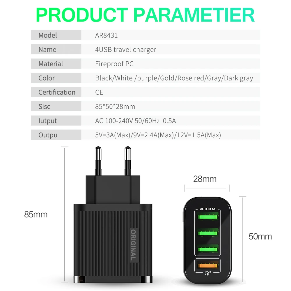 Универсальное USB зарядное устройство для телефона, 4 порта, быстрая зарядка 3,0 4,0 адаптер питания для быстрой зарядки для iPhone 11, Xiaomi, huawei, зарядное устройство для путешествий