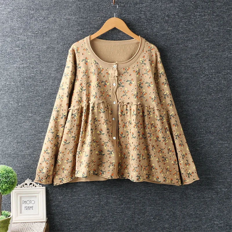 

Sweet Fresh Style Cardigans Floral Outwear Long Sleeve Autumn Cotton Little Flower Printed Sweater Japanese Ruched Sueter 2019