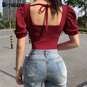 

Beyouare Bandage Backless Puff Sleeves Bodysuit Women Summer Sexy Burgundy Red Solid Vintage Slim Slash Neck One Piece Bodysuits