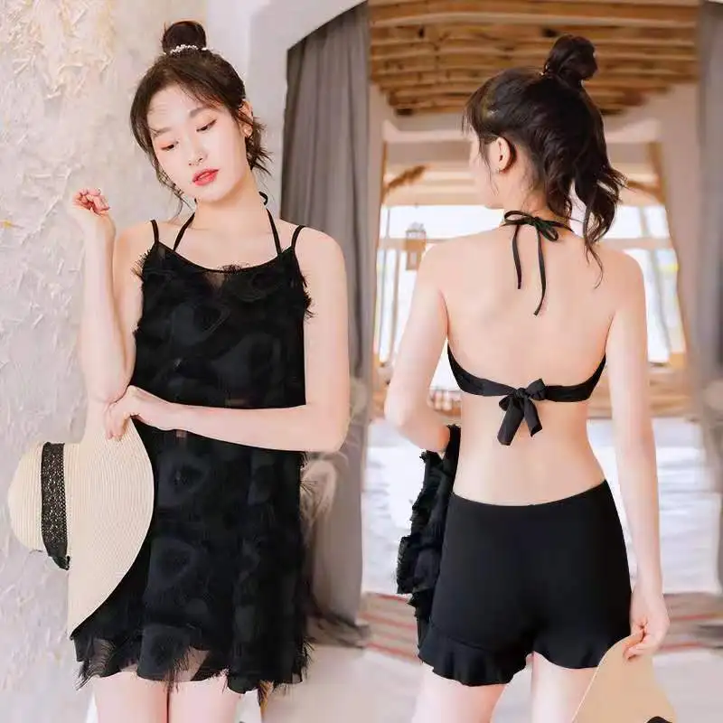 Swimsuit Women Bikini Three-piece Suit Small Fragrance Sexy Split Swimsuit With Chest Pads Underwire Solid Color Dress