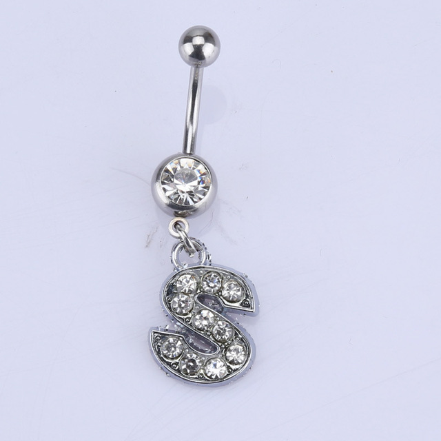 26 letter style Charming Body Piercing Crystal Rhinestone Inlaid Navel Belly Button Ring stainless steel jewelry