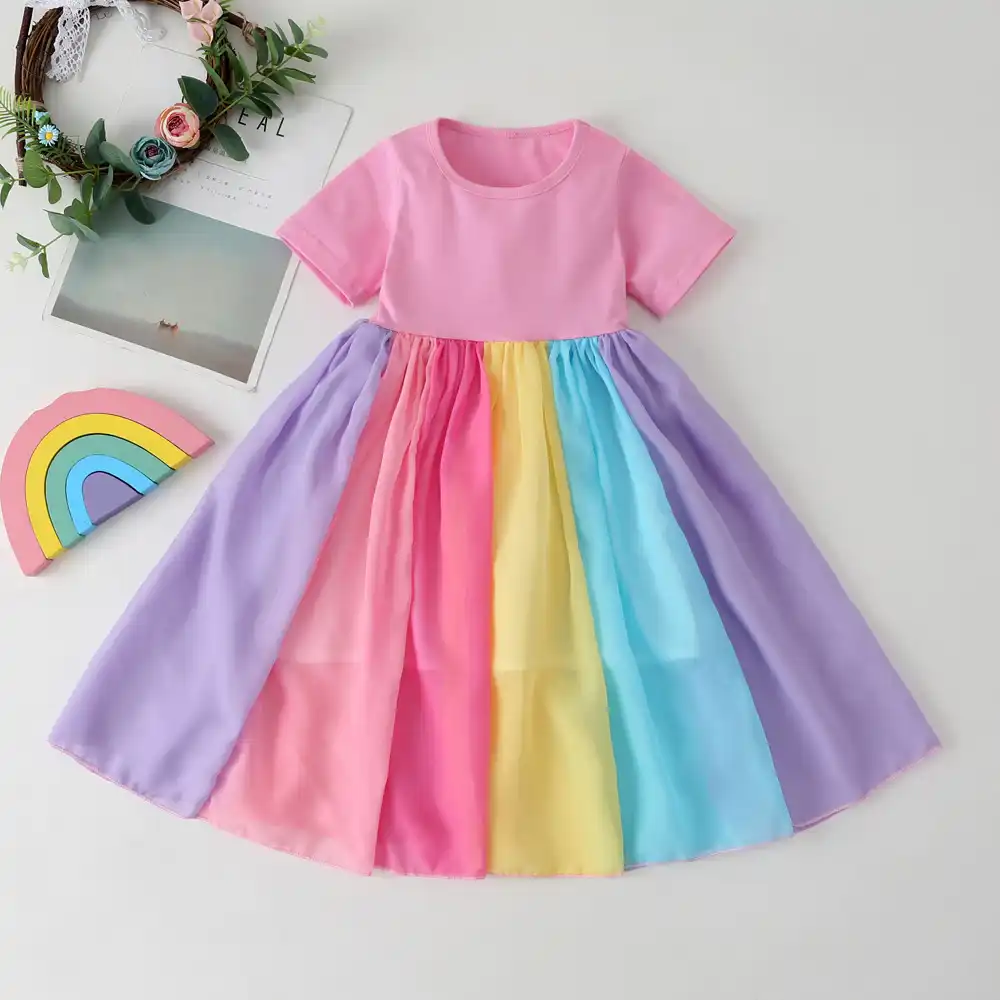 New Girls Dress Rainbow Color Patchwork 