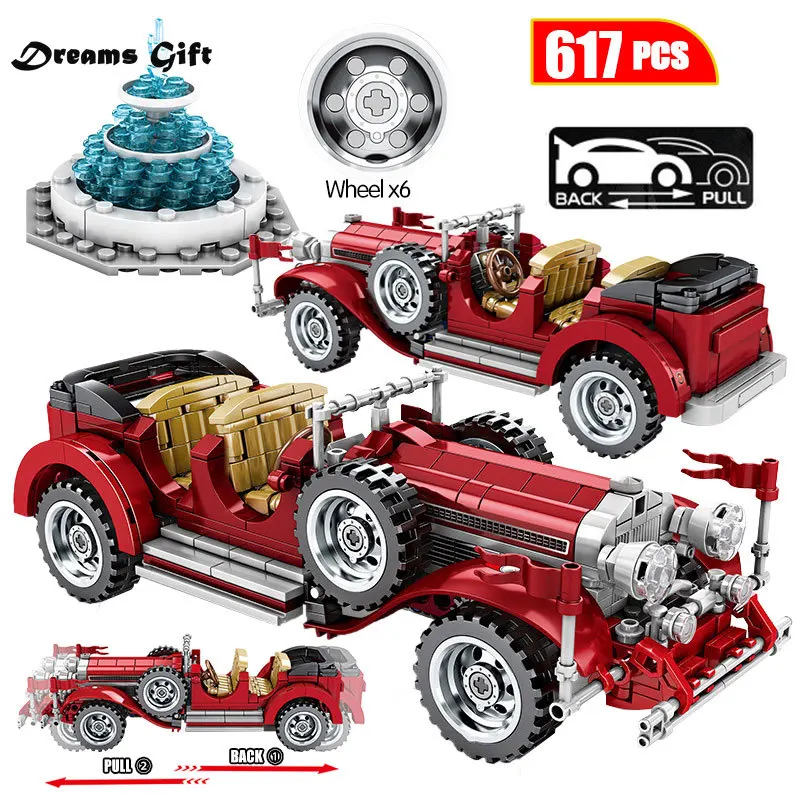 617Pcs Classic Car Building Blocks Technic Mechanical Vintage Roadster Vehicle City Models Bricks Toys for Boys Christmas Gifts | Игрушки и