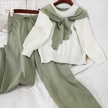 

2020 Spring Mixed Colors Fake Two-Piece Knitted Sweater with Shawl + High-waist Straight Loose Pants Female Knit Trousers Set