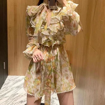 

woman ruffle jumpsuits runway 2020 floral printed playsuits