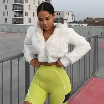 

Winter Warm Long Sleeve Hooded Hoodies Solid Women White Zipper Short Sweatshirt Loose Crop Tops