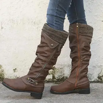 

Western Womens Boots Winter Solid Boots Round Toe Low Heel Snow Warm Boots Women Stitching Comfy Leather Zipper Knee High Boots