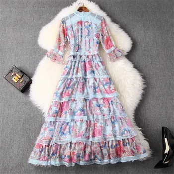 

Europe Fashion Designer Spring Dress 2020 New Woman Clothes Elegant Flare Sleeves Lace Patchwork Floral Print Ruffle Cake Dress