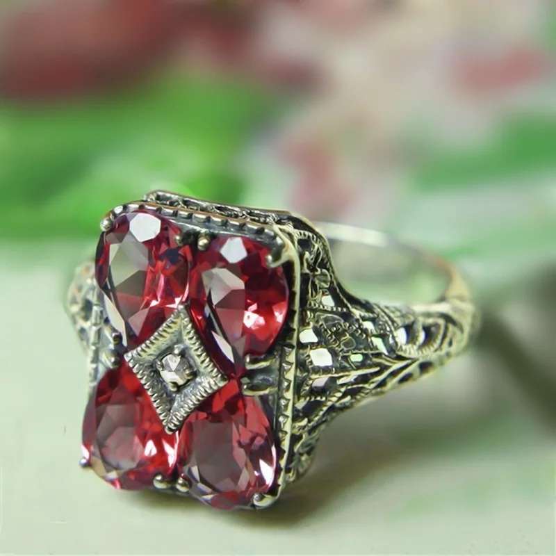 

Art Deco Red Cubic Zirconia Silver Color Filigree Engagement Wedding Ring Birthstone Anniversary Gift Women Jewelry
