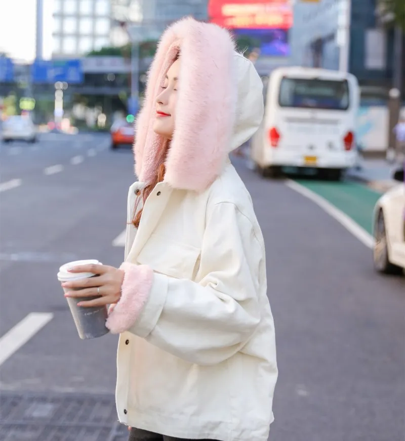 

Korean-style Cowboy Cotton Overcoat Women's 2018 Students Winter Loose-Fit Slimming Hooded Large Fur Collar Cowboy Cotton-padded