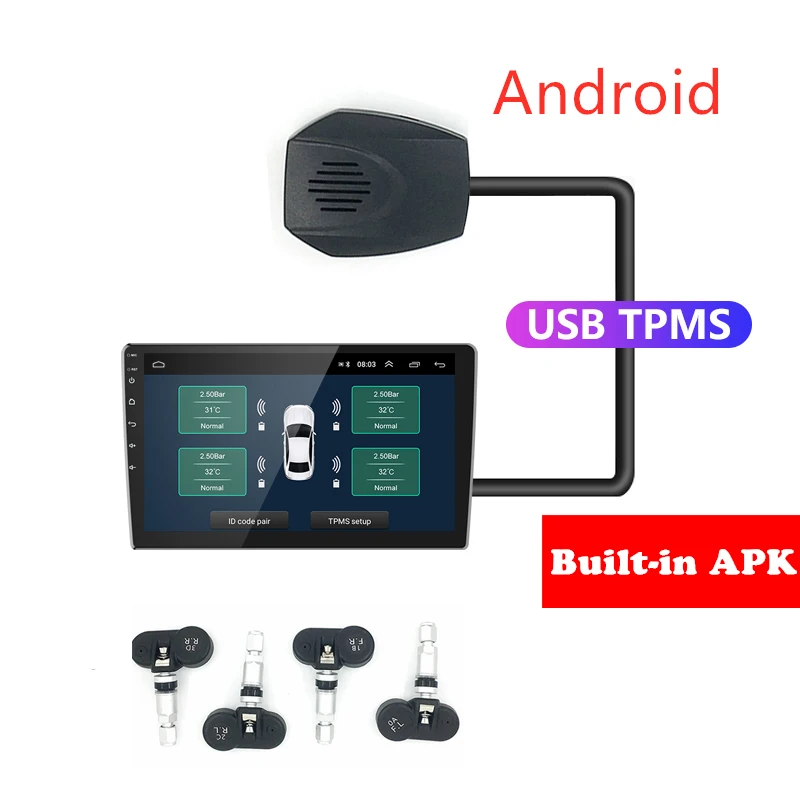 USB TPMS модульный инструмент, TPMS беспроводная система контроля давления в шинах с 4 крышками Встроенные датчики для Android 8,0 8,1 стерео