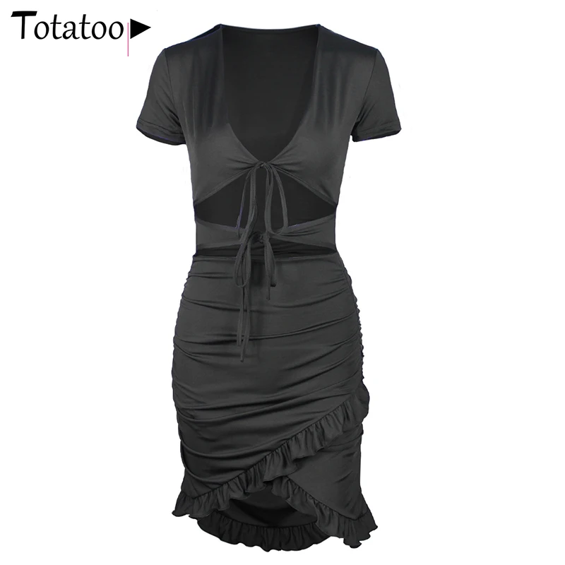 Totatoop Lace Up V Neck Ruched Bodycon Mini Dress Women 2020 Summer Hollow Out Ruffles Sundress Beachwear Vestidos