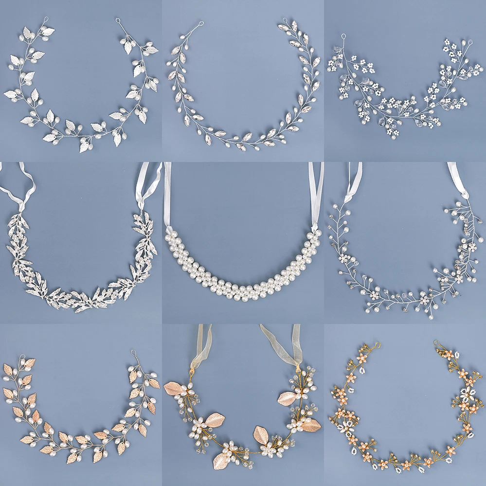 Rhinestone Headband Decoration Hair-Accessories Leaf-Flower Pearl Women for Bride