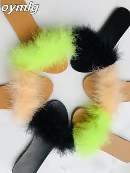 

Fur Slippers Woman Flat Sexy Furry Fur Shoes Open Toe Ladies Fashion Women's Slides Plus Size Flip Flops Green Black House Shoes