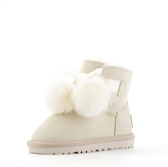 SHUANGGUN New Children Boots For Girls Kids Snow Boots Genuine Sheepskin Leather Natural Fur Warm Winter Shoes#K001 - Цвет: Rice white