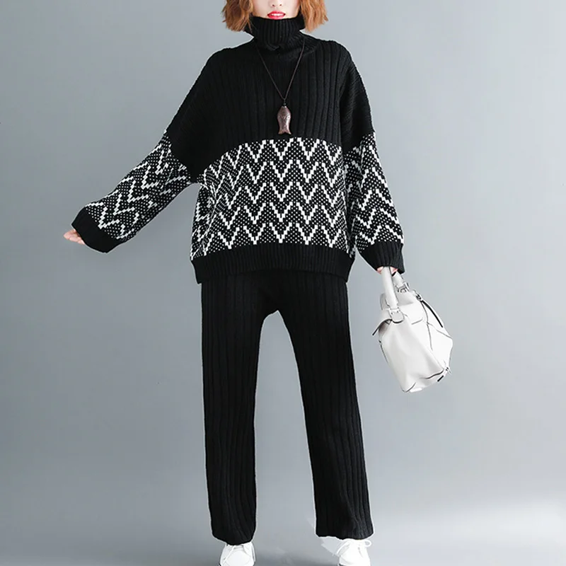 Plus Size Women European Fashion Women'S Suits Knitting Sweaters Autumn Geometric Turtleneck Winter One Set Tops+ Pants