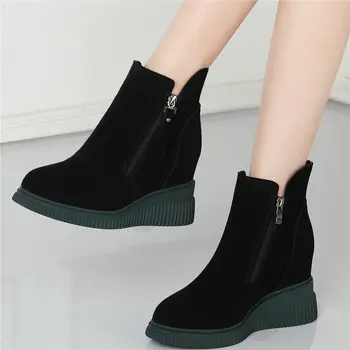 

Women Cow Suede Leather Wedges High Heel Ankle Boots Female Round Toe Platform Pumps Shoe High Top Fashion Sneakers Casual Shoes