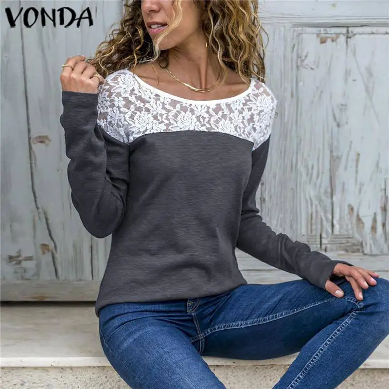 VONDA, женские сексуальные хлопковые рубашки с круглым вырезом и длинным рукавом, женские кружевные лоскутные топы и блузки размера плюс, Осенние богемные блузы, S-5XL