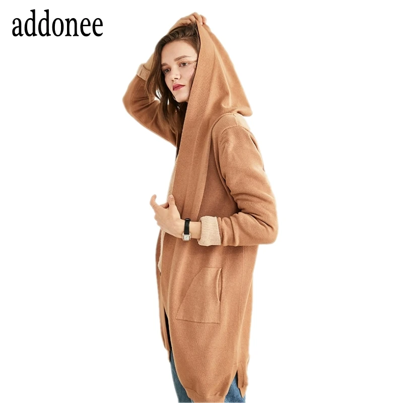 Autumn Winter New Long Coat Sweaters With Cap Women Cardigan Cashmere Female Knitted Pull Hooded Pockets Loose Soft Solid |